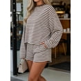 thumbnail image 3 of Women's Striped Long Sleeve Top and Shorts Set Casual Two-Piece Loungewear Outfit, 3 of 5