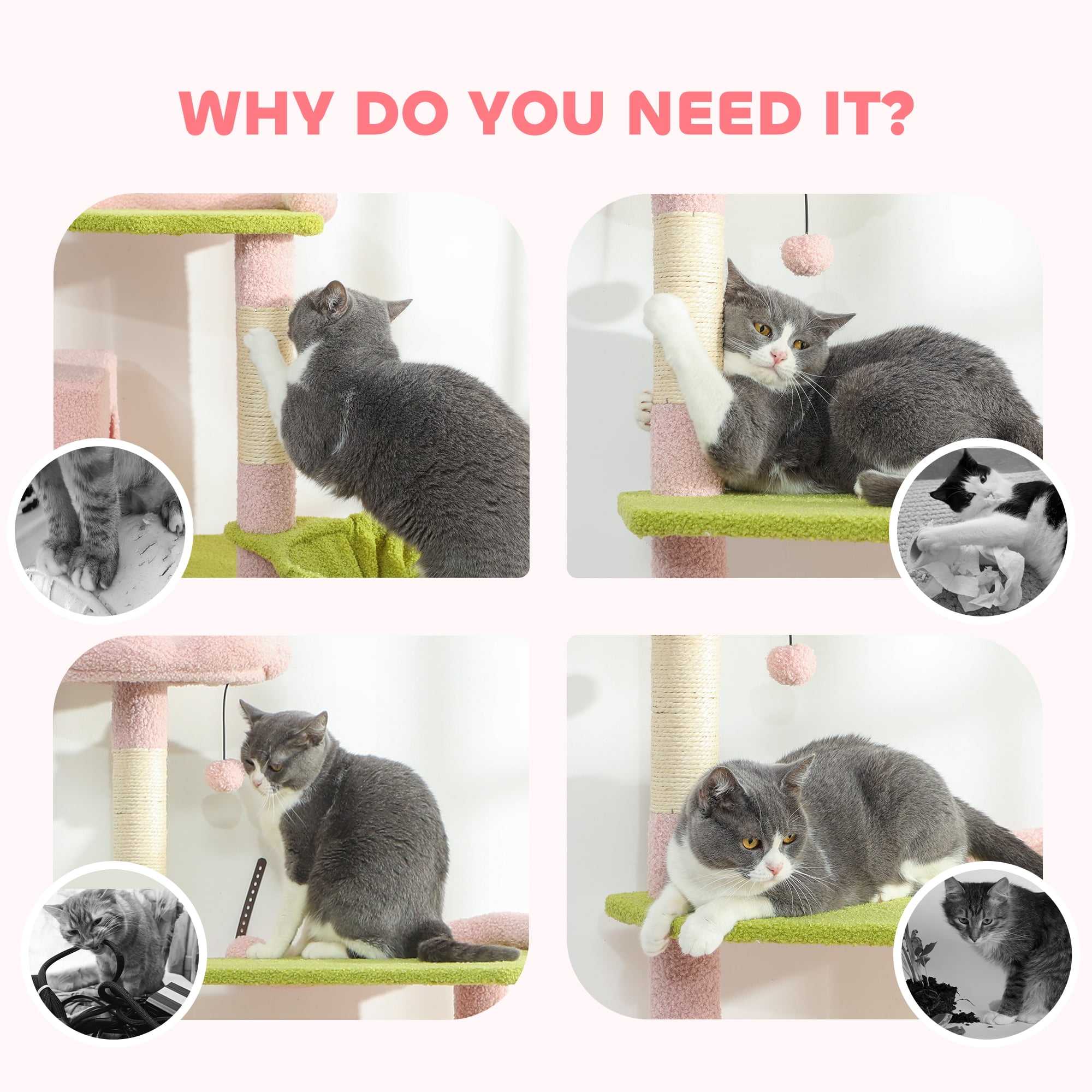 PawHut 74" Flower Cat Tree, Large Cat Tower Metal Frame Hammock, Scratcher Ramp, 3 Sisal Scratching Posts, 2 Condos, Perches, for Indoor Kittens, Pink