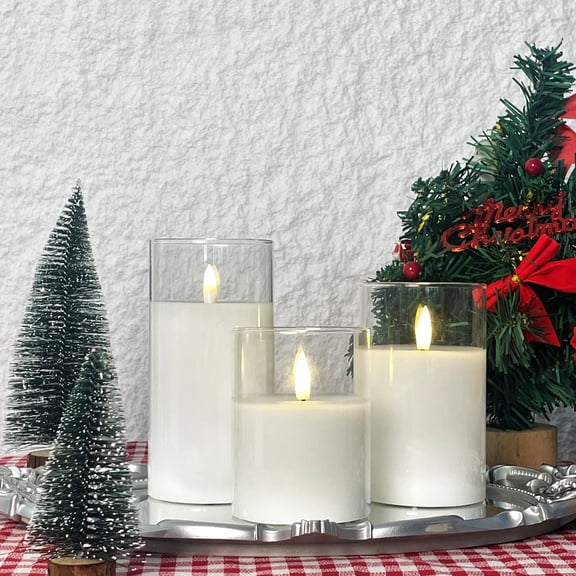 Goyuon Pure White Acrylic Wireless Remote-Controlled Flameless Candles With Timer, Flickering LED, 3 Piece Set