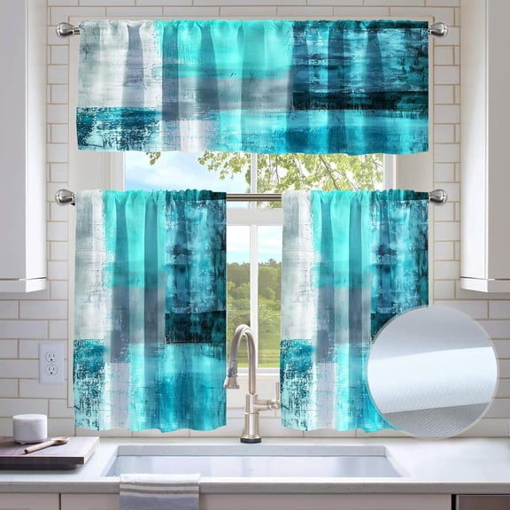 Turquoise Blackout Kitchen Window Tier Curtains and Valance Set, 52x39 Inch Window with Rod Pocket, Abstract Art Curtains Set for Small Windows, Living Room or Bathroom
