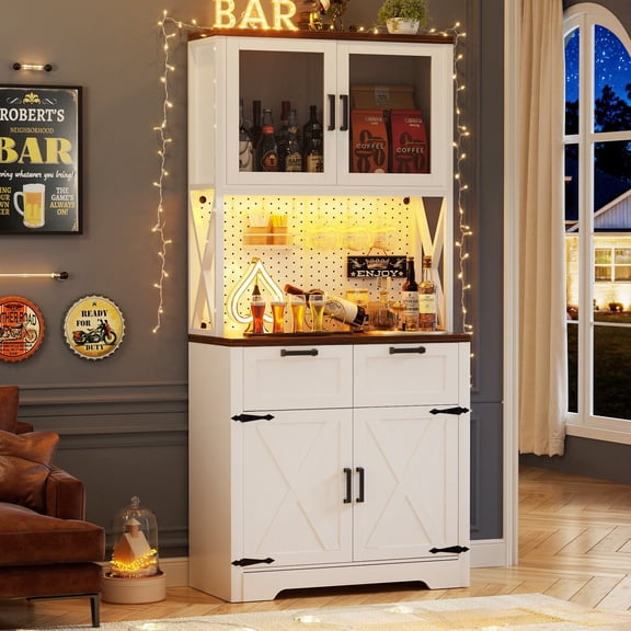 iSunirm Bar Cabinet with Drawers, Tall Coffee Bar Cabinet with Power Outlets, RGB LED Light, DIY Pegboard and Hooks, Buffet Cabinet for Dining/Kitchen/Living Room