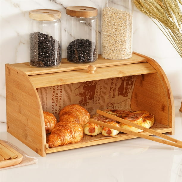 Wooden Bread Box Bamboo Roll Top Bread Holder Large Capacity Bread Organizer Food Storage Bin