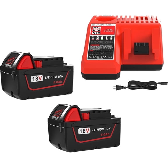 2 Pack M18 5.0Ah 18V Battery  Replacement for Milwaukee M18 18V Battery and Charger Combo,Compatible with Milwaukee M18 Cordless Power Tool 48-11-1850 48-11-1860 and 48-59-1812 Charger