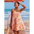 thumbnail image 6 of Orange All-Over Tropical Print Spaghetti Strap Tiered Mini Sundress For Women, Boho Vacation Dress, 6 of 7