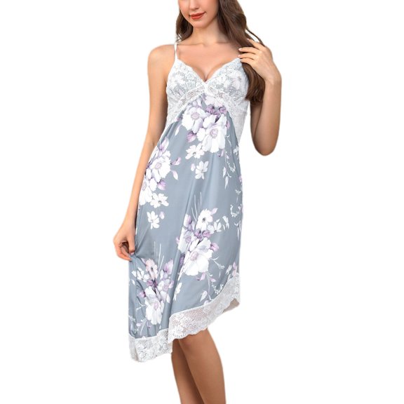 Women's Sleeveless Chemise Nightgown Comfy Summer V Neck Sleepwear Floral Patterned Pajamas Dress Lace Asymmetric Nightdress Soft Lightweight Grey Small