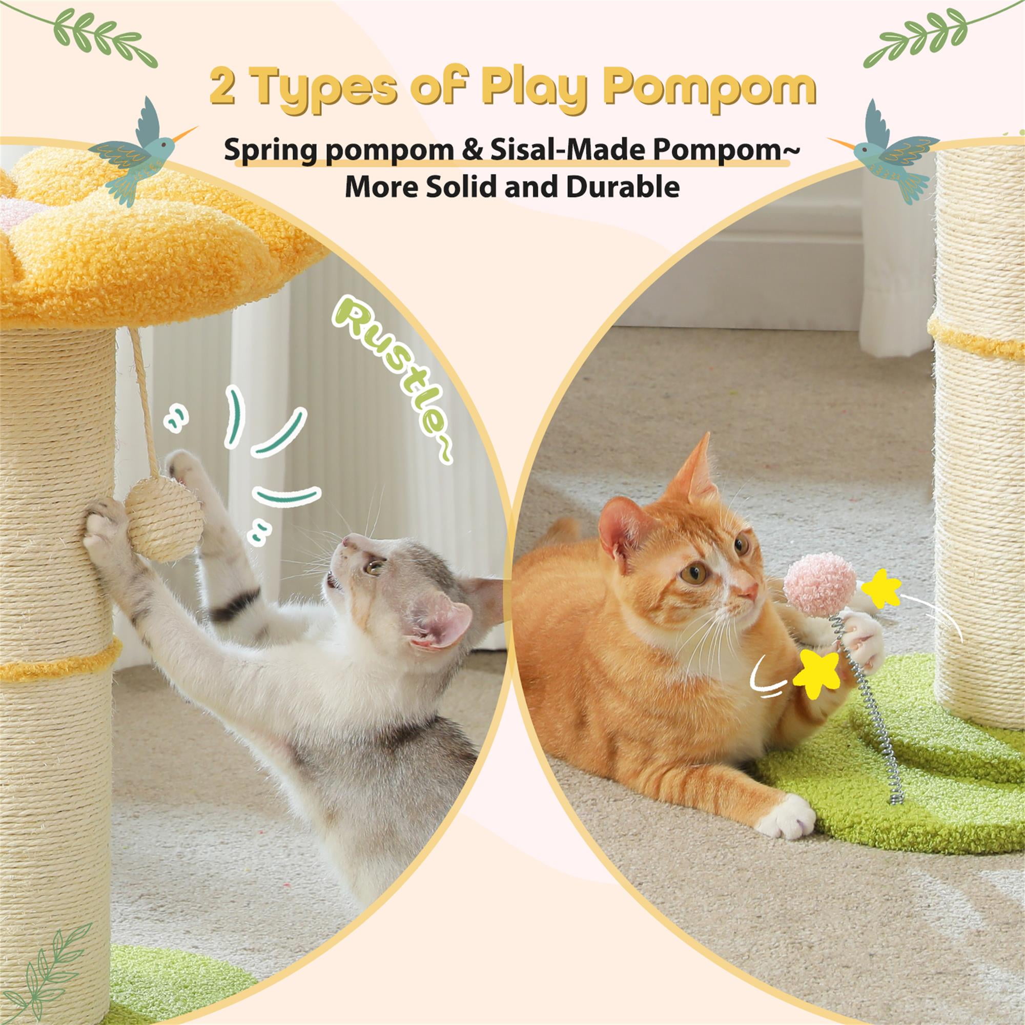 Kadyn 23" Cat Scratching Post, Small Cat Scratcher Tree for Indoor Cats with Removable Flower Cat Bed, Cat Tree Tower with Spring Ball, Yellow