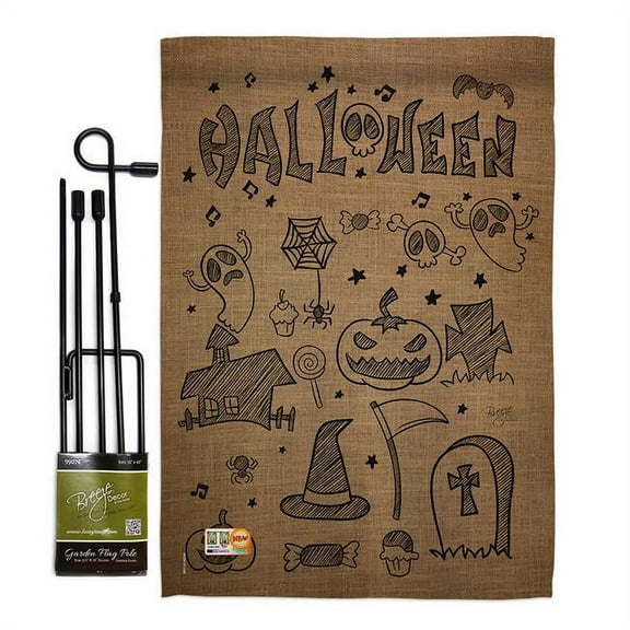 Breeze Decor BD-HO-GS-112061-IP-BO-D-US14-BD 13 x 18.5 in. Halloween Doodles Fall Vertical Double Sided Mini Garden Flag Set with Banner Pole