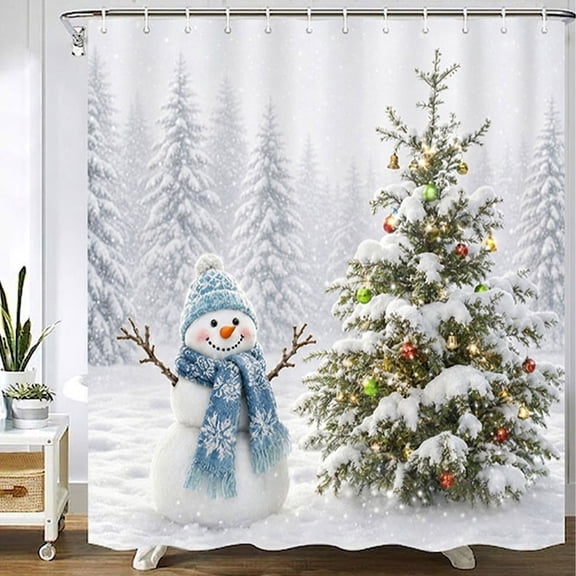 72x72in Winter Snowman Christmas Tree Shower Curtain for Bathroom Decor