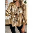 thumbnail image 2 of Women's Elegant Gold Bow Tie Front Puff Sleeve Ruffle Hem Blouse - [ZhiHiMeRi] | (US 12-14)L, 2 of 11