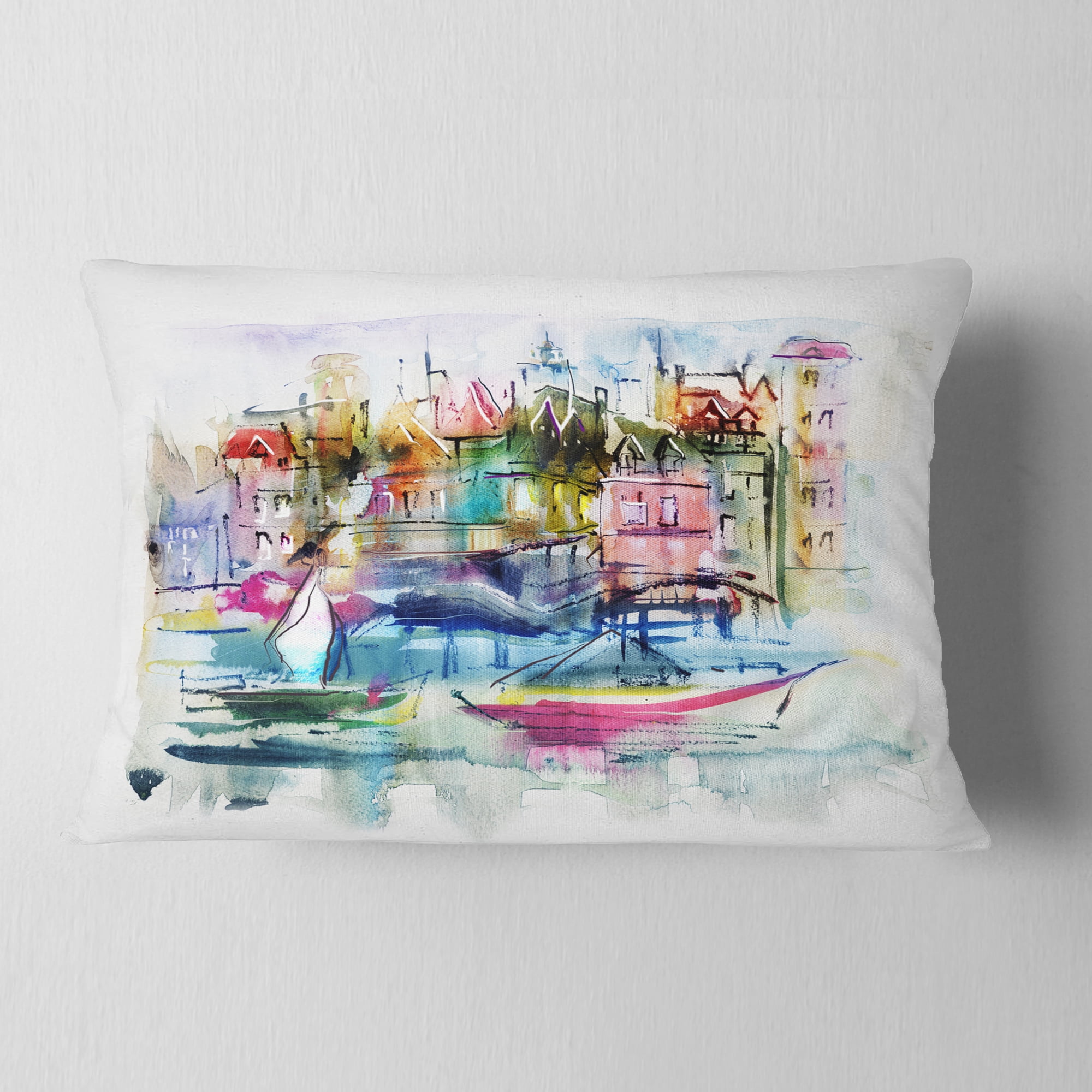 Designart Houses and Boats - Landscape Printed Throw Pillow - 12x20