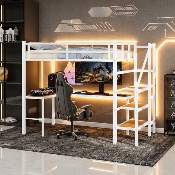 Morufur Twin Loft Bed with L-shaped Desk and Storage Space for Bedroom, Heavy Duty Metal Bed with Stairs, Continuous Belt Railing, No Spring Box Needed, White