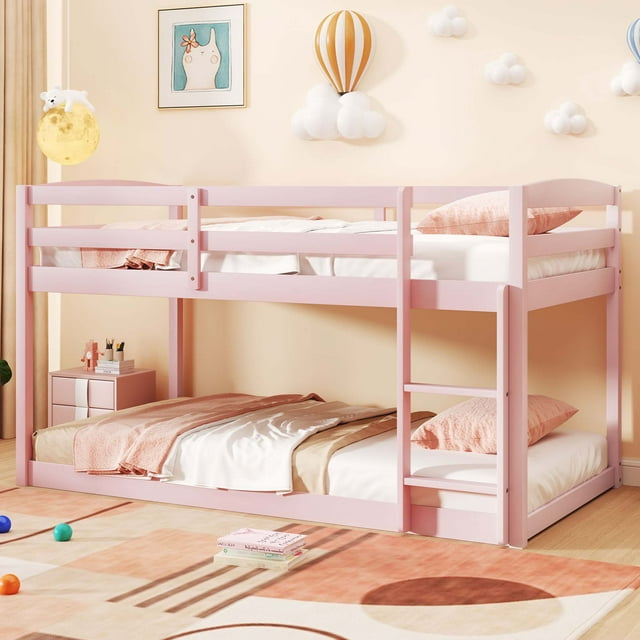 Costway Lit Superposé Bas Simple sur Simple avec Garde-Corps Échelle Intégrée Enfants en Bois Blanc Rose