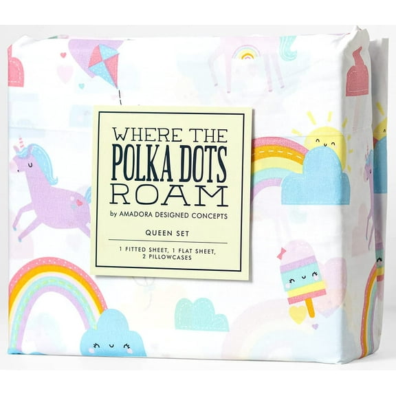Where The Polka Dots Roam Rainbow and Unicorn 3 Pieces Twin Bed Sheet Set |Super Soft Premium Bedding for Kids Room Décor, Bedding Set for Girls, 1 Fitted Sheet, 1 Flat Sheet and 1 Pillowcase