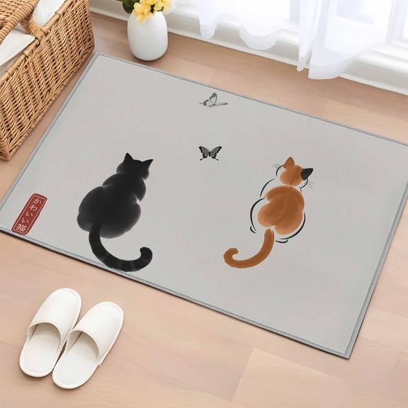 Non-Slip Rug Pad Rugs Japanese Style Cat Rectangle Area Rugs 2x3Ft Soft Carpet Pads for Living Room Kids Room, Cute Kitty Butterfly