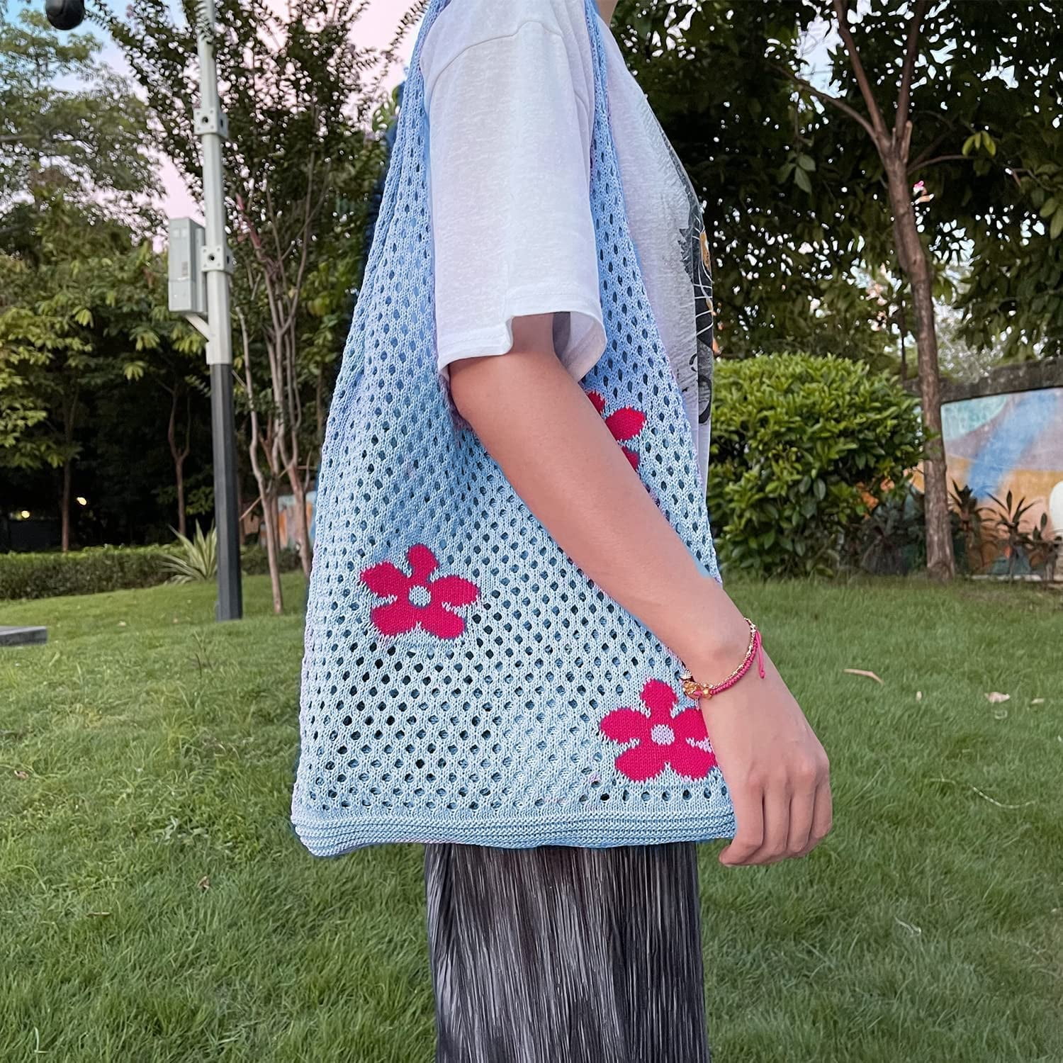 Kukuzhu Fairycore Crochet Tote Bag Y2K Grunge Knitted Shoulder Bag Flower Hollow Out Purse Cottagecore Accessories