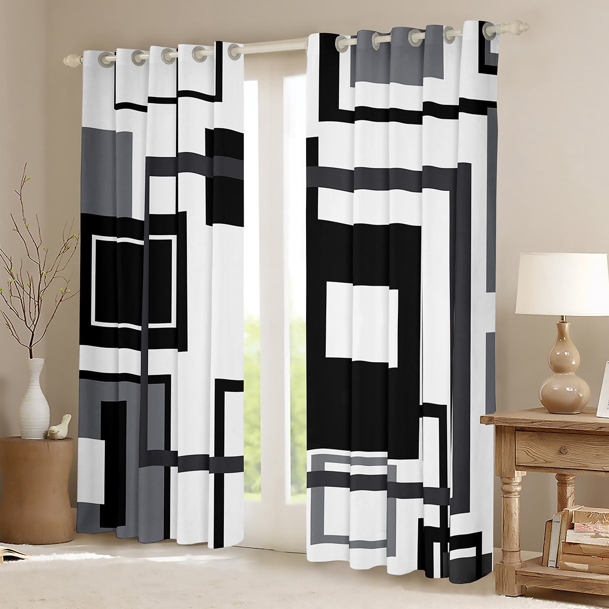 Erosebridal Black White And Grey Window Curtains 42"Wx84"L For Men,Abstract Geometric Blackout Curtains Geometry Square Striped Window Curtains Simple Lines Curtains 2 Panels Modern Bedroom Decor