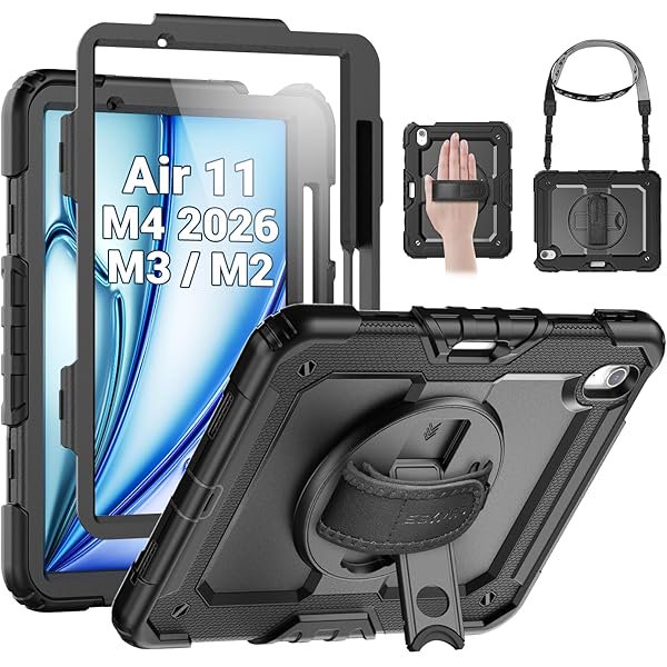 ccwonima Case for iPad Air 11 Inch M4 / M3 / M2 (2026/2025 / 2024), Heavy Duty Shockproof Protective Case with Screen Protector, 360° Rotating Stand and Hand/Shoulder Strap, Black