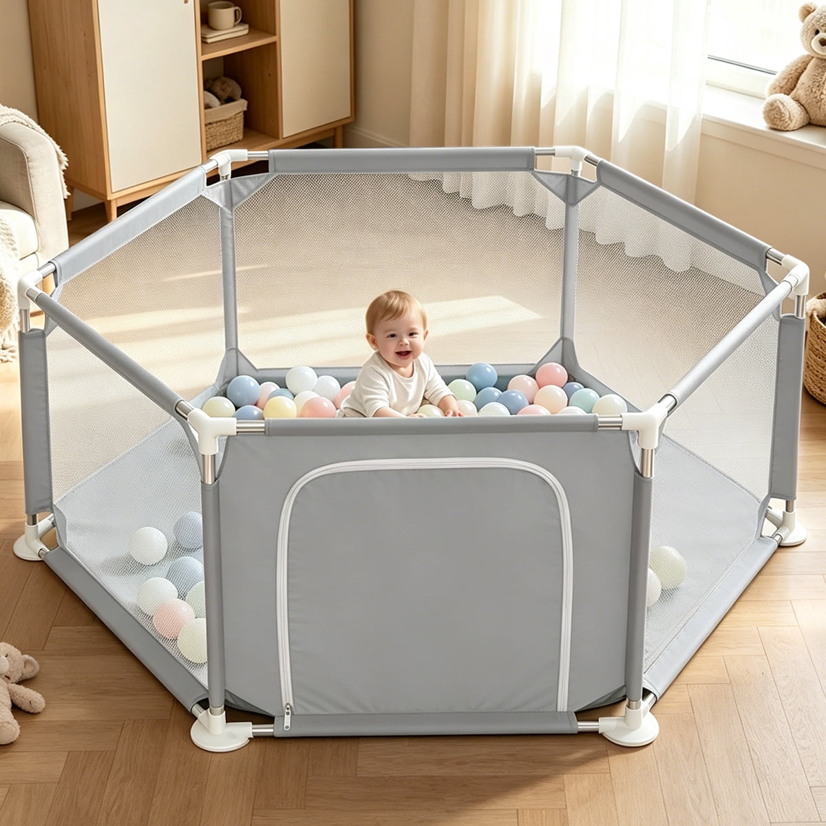 Baby Playpen, Travel Baby Playards, Baby Play Yard, 6Panels Portable Infant Play Game Area,Gray