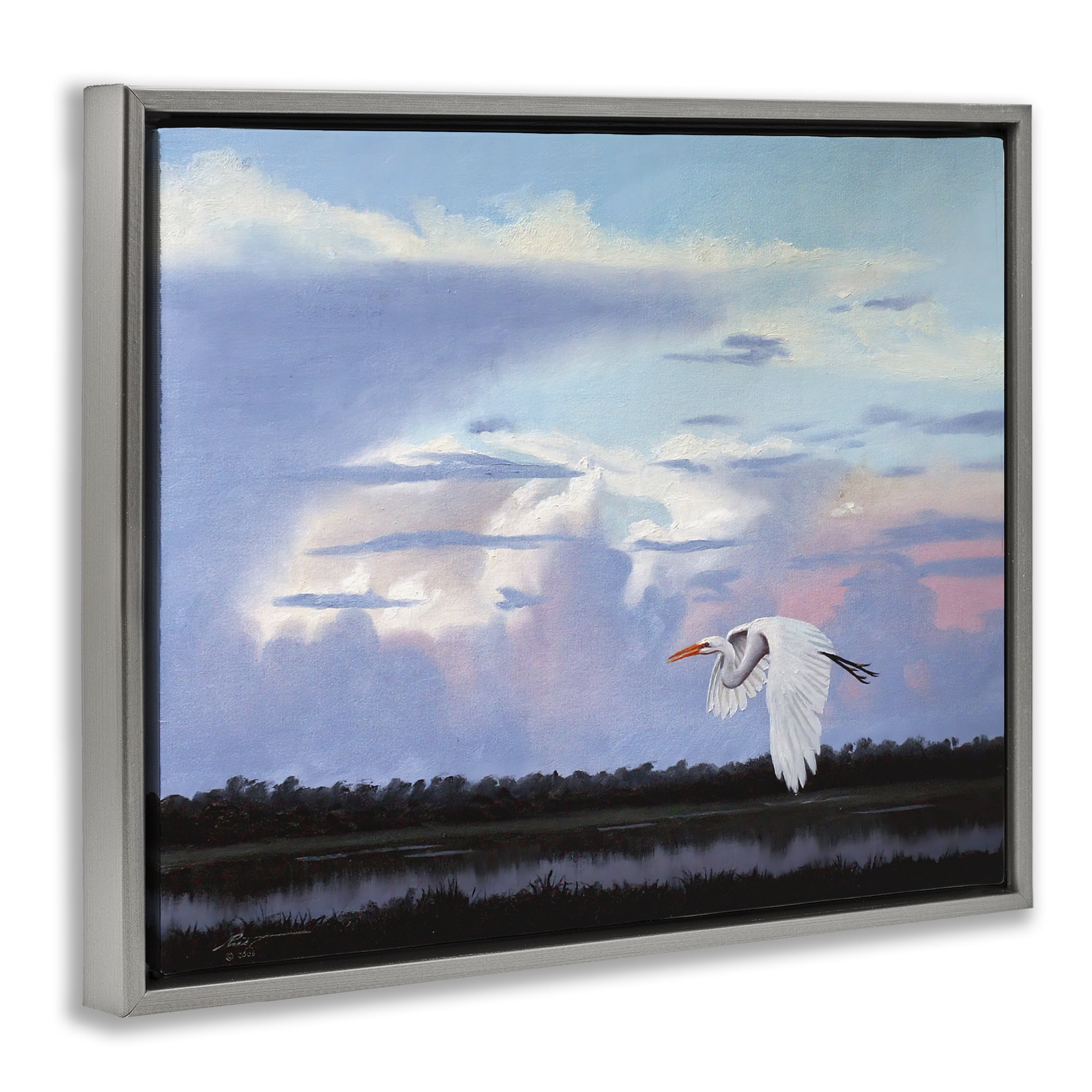 Stupell Industries Heron Flying Through Clouds Animals & Insects Painting Gray Floater Framed Canvas Art Print Wall Art, 21 x 17