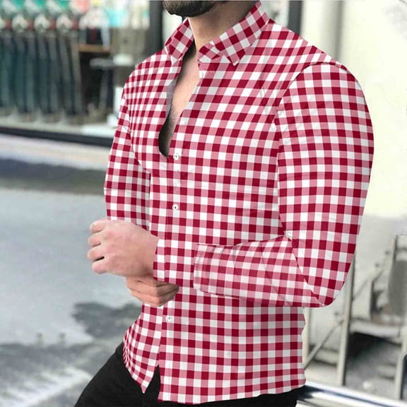 Homenesgenics Men's Shirt Business Casual Long-Sleeve Collared Button-Up Tops with Two Chest Pockets Checkered Print Shirt Red XXXL