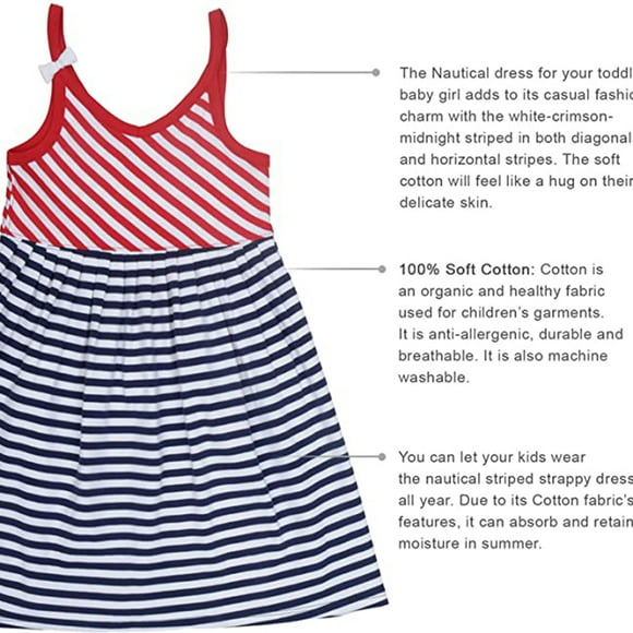 Kleverkids Toddler Baby Girls Striped Cotton Dress, Pull On Closure Beach Dress – Strappy, Long Skirt – 2 Pack, White/Crimson/Midnight, 3