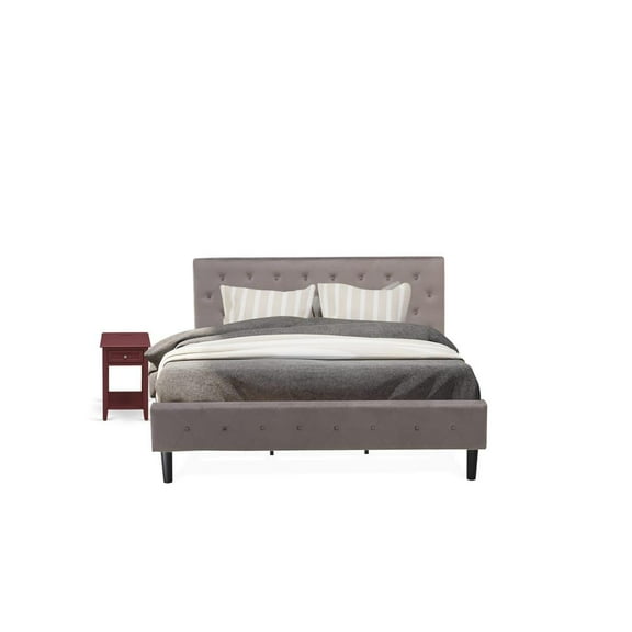 East West Furniture NL14K-1DE13 2 Piece King Bed Set - 1 King Bed Brown Taupe Velvet Fabric Headboard and 1 Nightstand - Burgundy Finish Nightstand