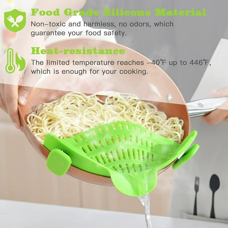 Clip on Pasta Strainer for Pots Silicone Food Strainer Hands-free Drainer  Kitchen Gadgets, Heat Resistant for Pasta Spaghetti Meat Fits Pots Pans