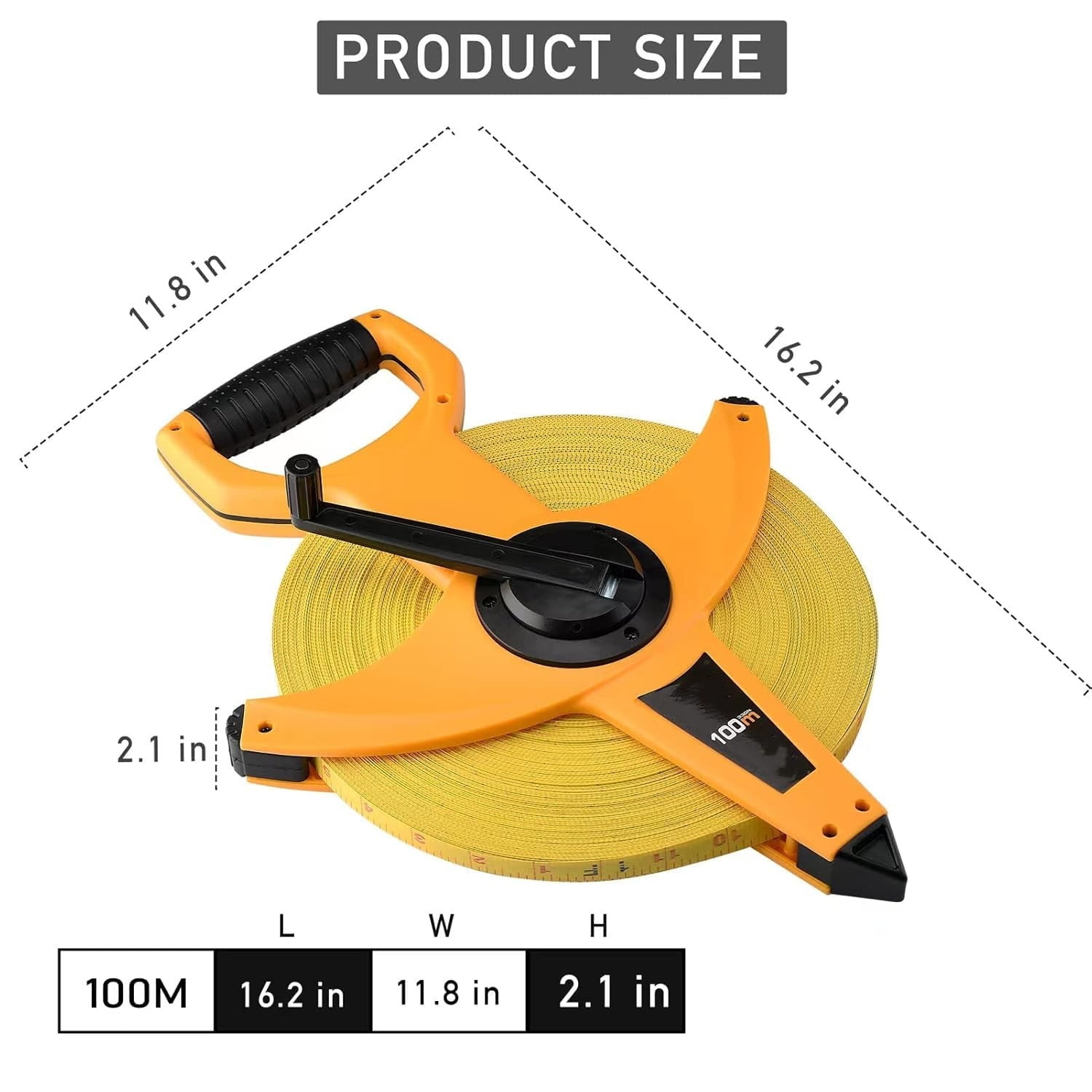 300FT/91M Heavy Duty Fiberglass Tape Measure - 1/2-Inch Wide, Dual Inch/Metric Scale, Durable Open Reel Measuring Tape for Surveying, Engineering, Runway Construction
