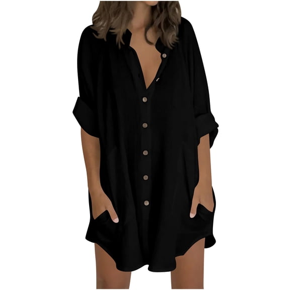 Wlynlyn Long Button down Shirts for Women Plus Size Swimsuit Cover up Summer V Neck Long Sleeve Casual Loose Dresses Tops(5X-Large)