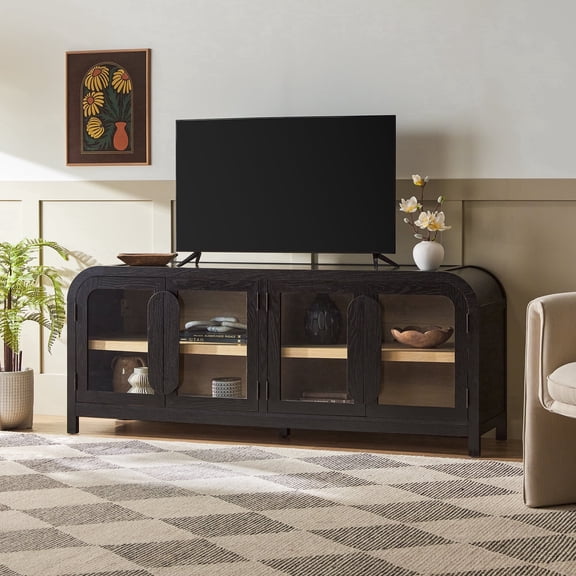 Walker Edison Modern Easy Assembly 70" Curved TV Stand, Black/Coastal Oak