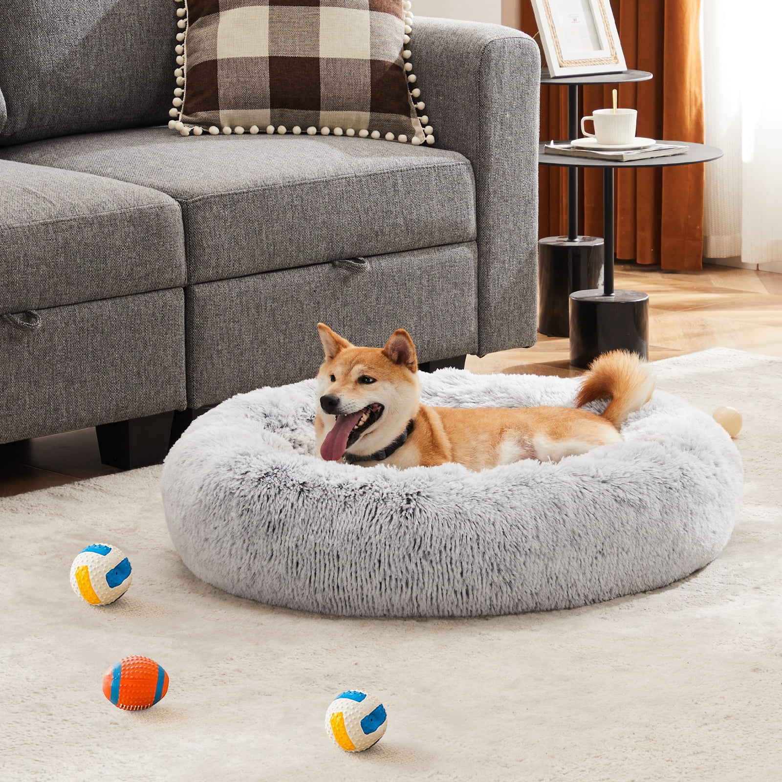 edx Calming 36" Donut Dog Bed for Extra Large Dogs, Soft Warm Cozy Plush Round Fluffy, Machine Washable, Gray