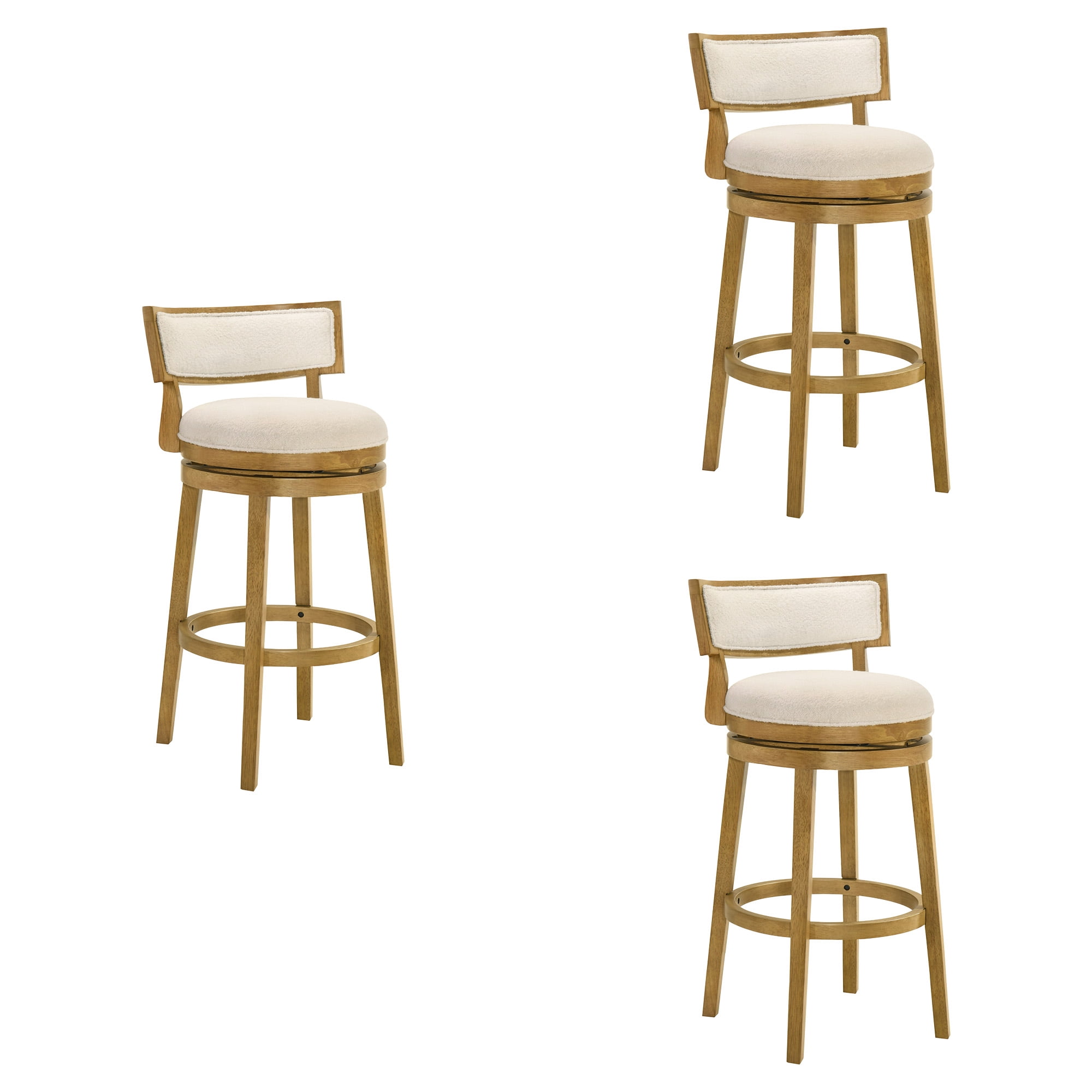 Noely Modern Farmhouse Swivel Wood Bar Height Kitchen Bar Stool in Amber Glow Finish with White Boucle Fabric Upholstered Seat - Set of 3