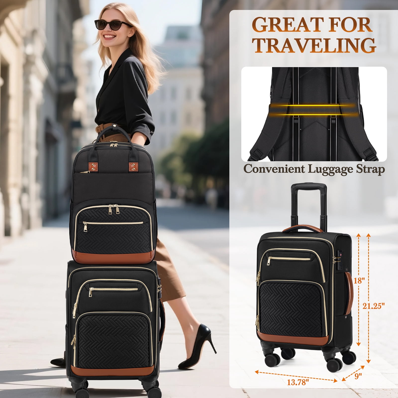 RAINSMORE 3 Piece Carry on Luggage Set with Backpack 20 Inch Softside Suitcases with Wheels Rolling Carry On Suitcase with TSA Lock for Travel Weekender,Black