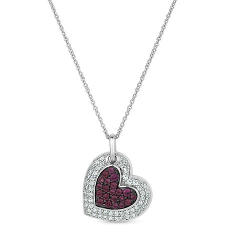 Ruby Crystal and White CZ Sterling Silver Heart Necklace, 18