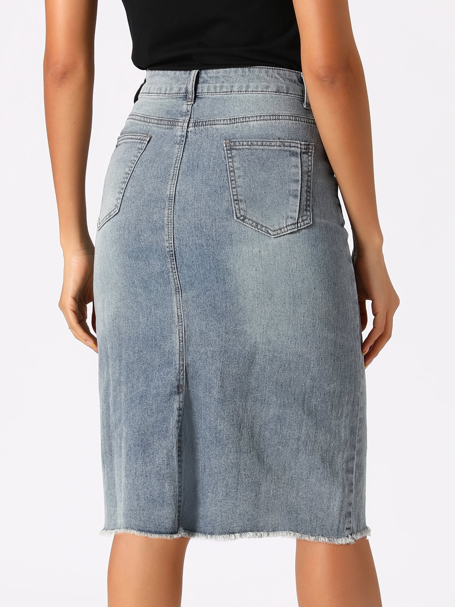 DARING DIVA Women's Jean Back Vent Midi Length Denim Skirts L Grey Blue