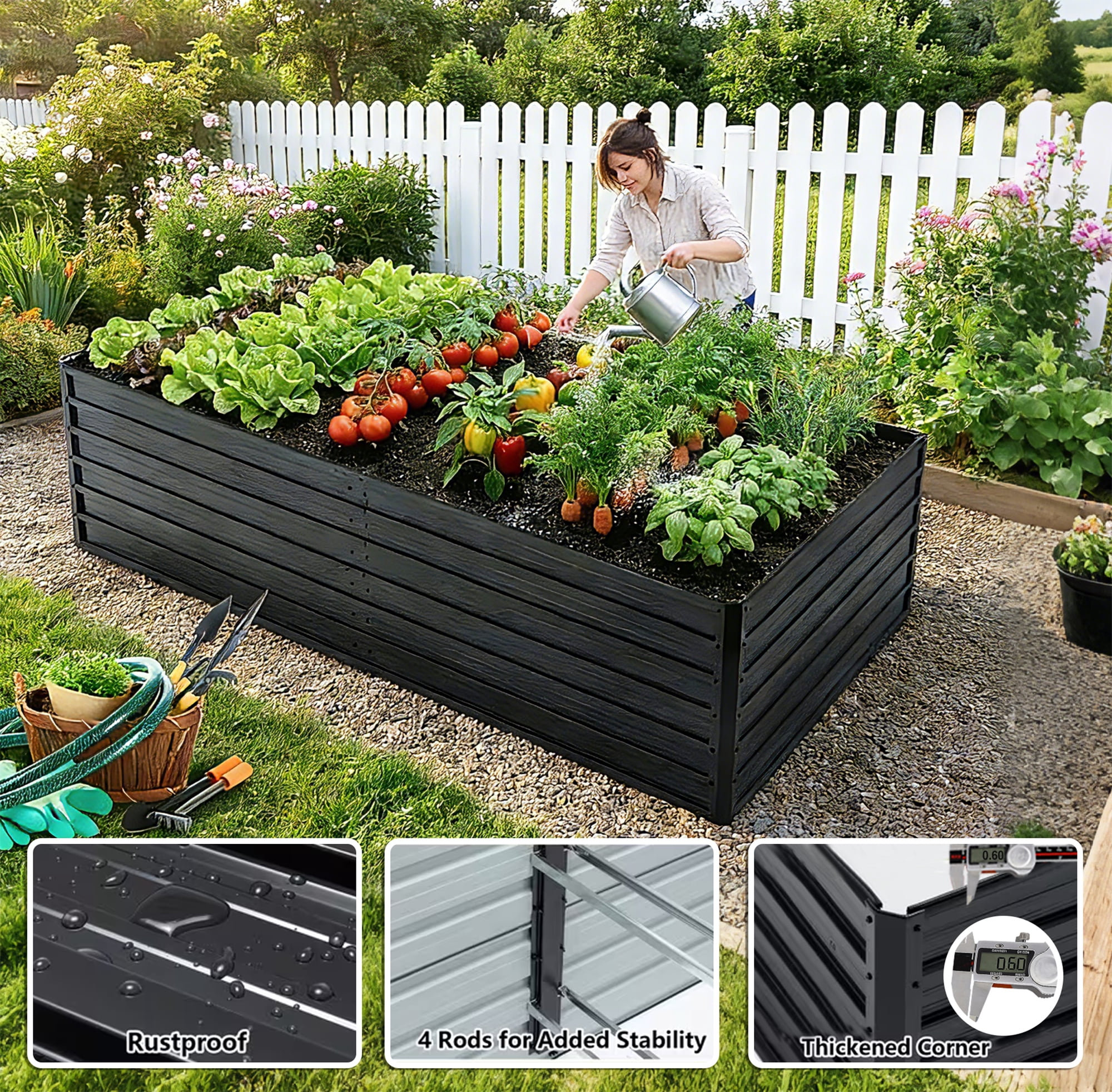 8x4x2 FT Metal Raised Garden Bed Outdoor Galvanized Raised Garden Bed Kit,Vegetable Boxes-Rectangle Metal Flower Box,Large Planter Raised Beds Outdoor Garden for Planting,Fruit,Herb-Black