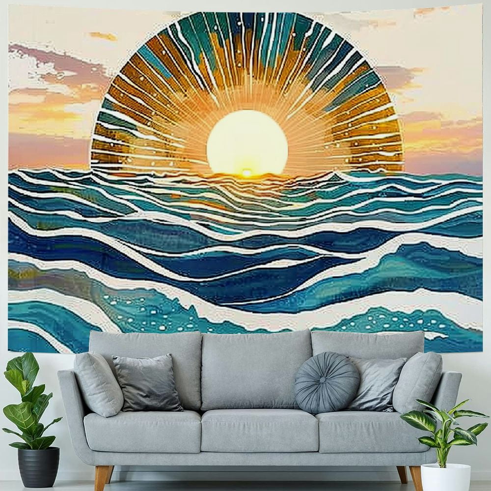 BCIIG Ocean Sunrise Wall Tapestry Waves Mid Century Modern Style