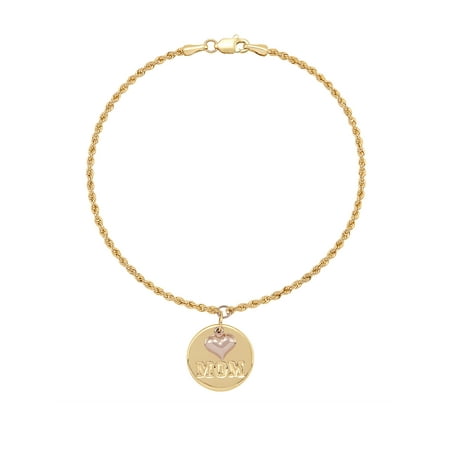 Brilliance Fine Jewelry 10K Yellow and Rose Gold Round Disk with Mom on Rope Bracelet, 7.5"