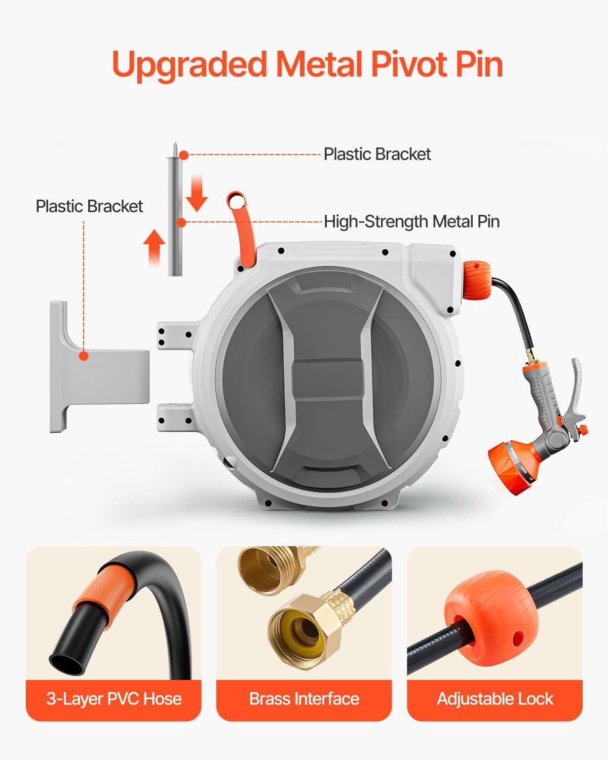 Retractable Garden Hose Reel  1/2 Inch X 65 Ft Wall Mounted Heavy Duty With 9 Patterns Nozzle Any Length Lock Upgraded Slow Return System And 180°swivel Bracket
