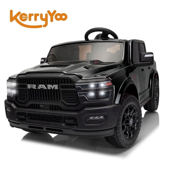 Kerry Yoo SQ7 Ride on Toys Car, 24V Truck RAM 2500 Rebel Electric Vehicle for Kids, Pickup Truck, 2 Seater, Bed Storage, Remote Control, Safety Belt, Music- Black