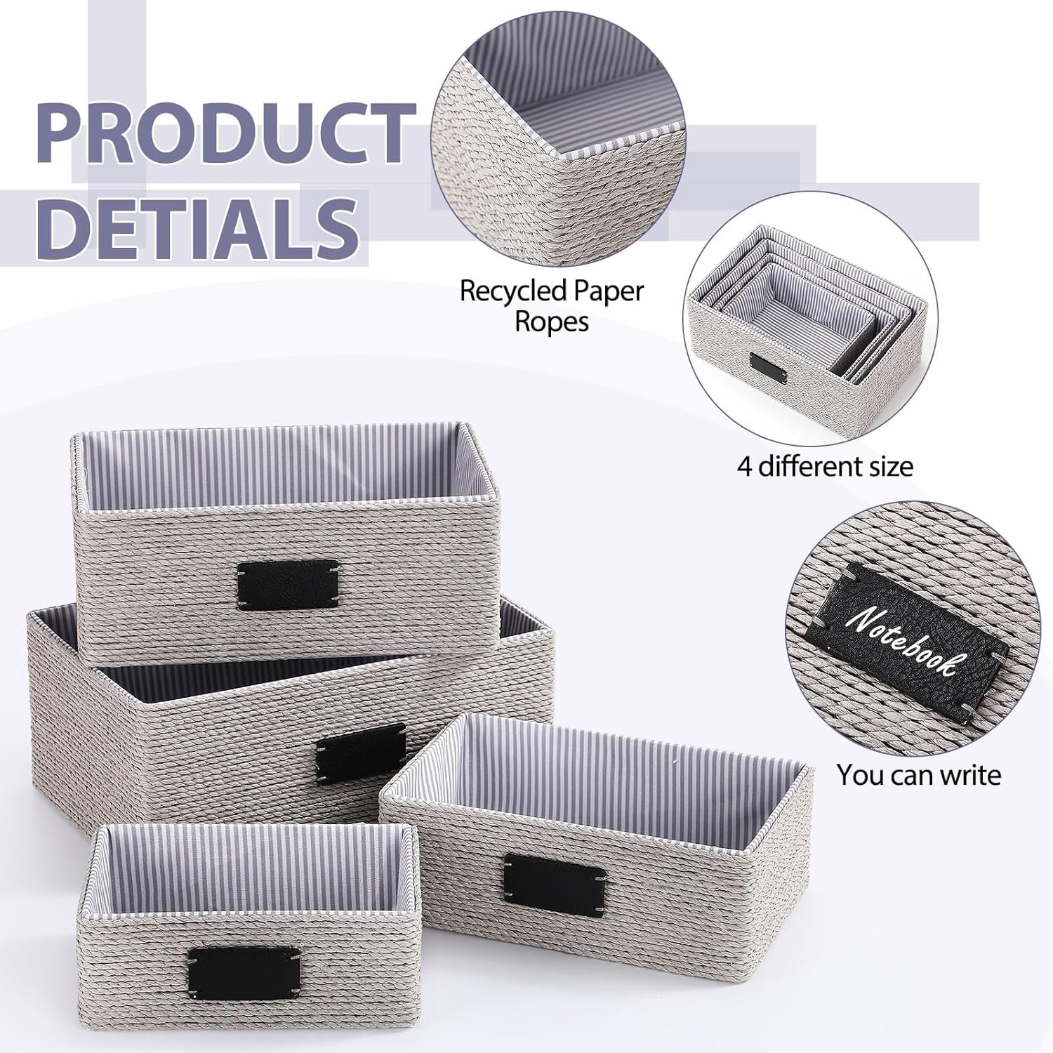 4 Pcs Woven Storage Baskets for Shelves Paper Rope Organizer Recycled Wicker Organizing Basket with Label Liner Large and Small Decorative Multifunctional Bins for Shelves Cupboards Drawer(Grey)