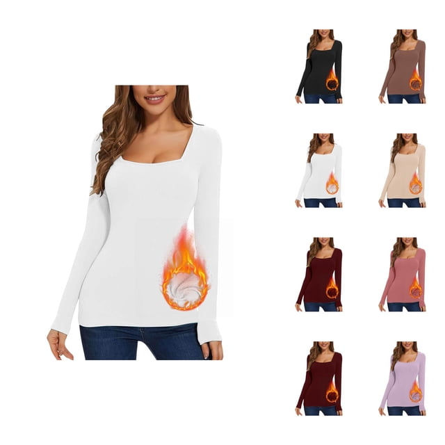 Hauts à Manches Longues pour Femmes 2026 Automne Hiver Col Carré Uni Ajusté Respirant T-Shirt