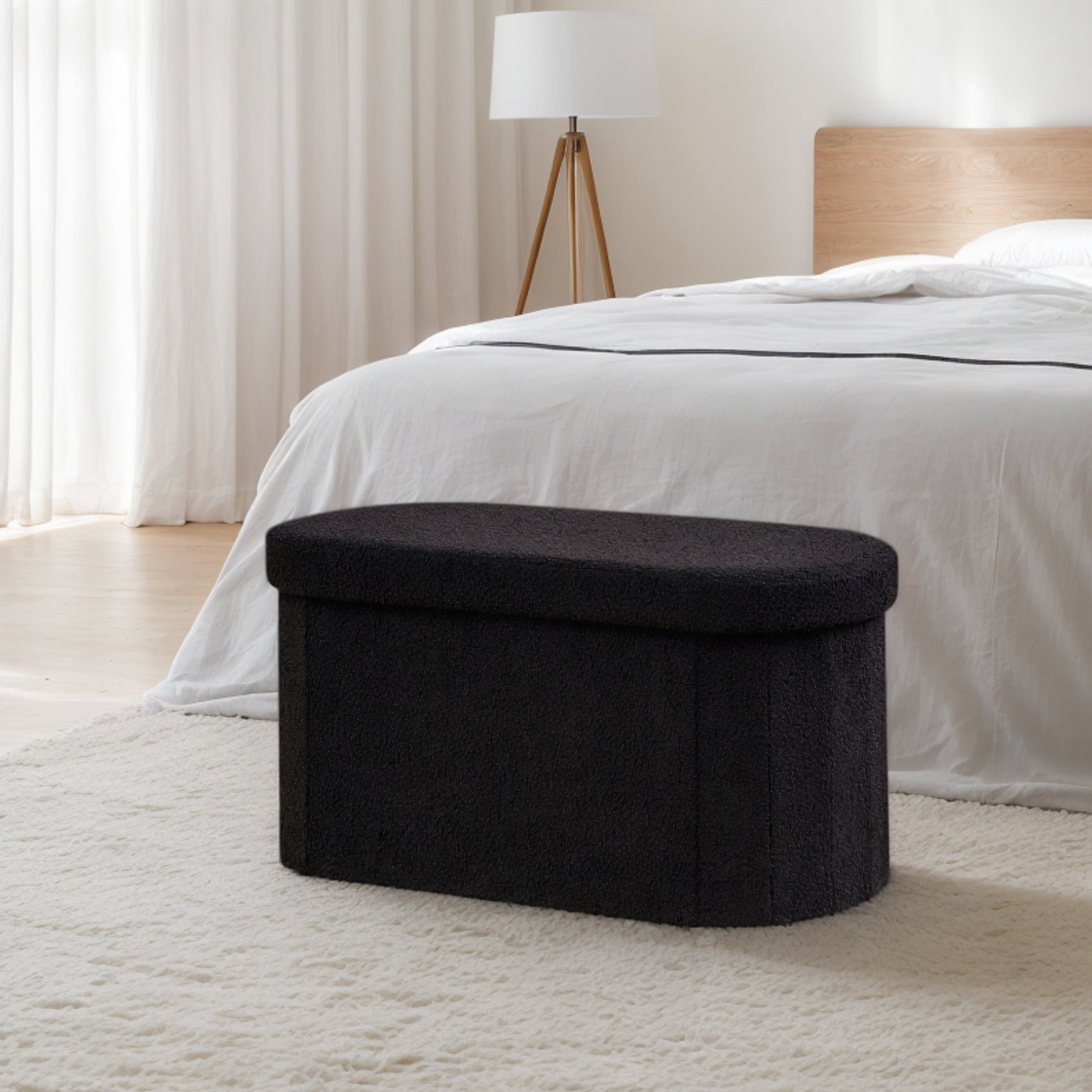 PINPLUS Storage Ottoman Bench Tufted Oval Ottoman Bench Foot Rest Velvet Bench with Storage 30" Black