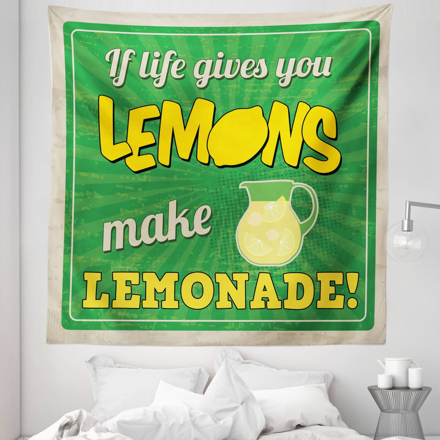 Saying Tapestry, Vintage Pop Art Advertising Design If Life Gives You Lemon  Make Lemonade, Fabric Wall Hanging Decor for Bedroom Living Room Dorm, 5  Sizes, Green Yellow and Tan, by Ambesonne -