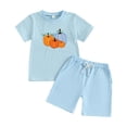 thumbnail image 3 of Likimi Toddler Kids Boys Two Piece Outfit Short Sleeve Halloween Pumpkin Print Crew Neck Tops With Shorts Summer Fashion Outfit Set Sky Blue Size 3-4 Years, 3 of 8