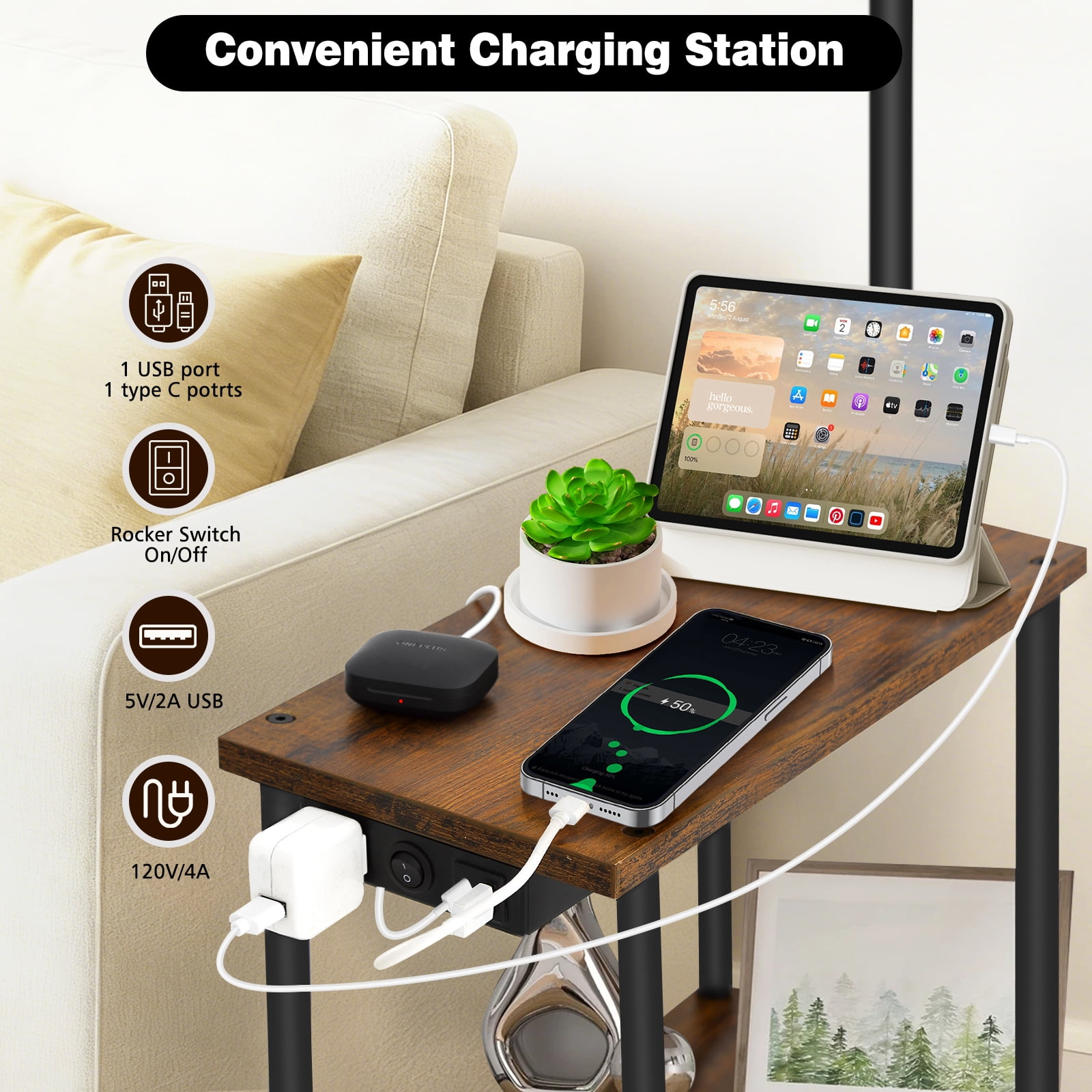 JOPESO Floor Lamp with Table, End Table for Living Room with Lamp & Charging Station(USB & Type-C & AC Port), 3 Color Temperatures LED Bulb