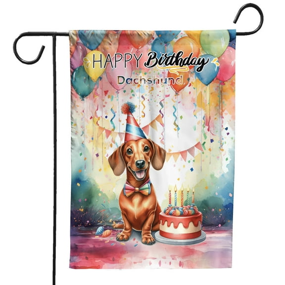 Happy Birthday to Dachshund Kitten Party Balloons Cake Garden Flag 12x18in Double Sided Wiener Dog Lover Gifts Idea Outdoor Decor - 00027
