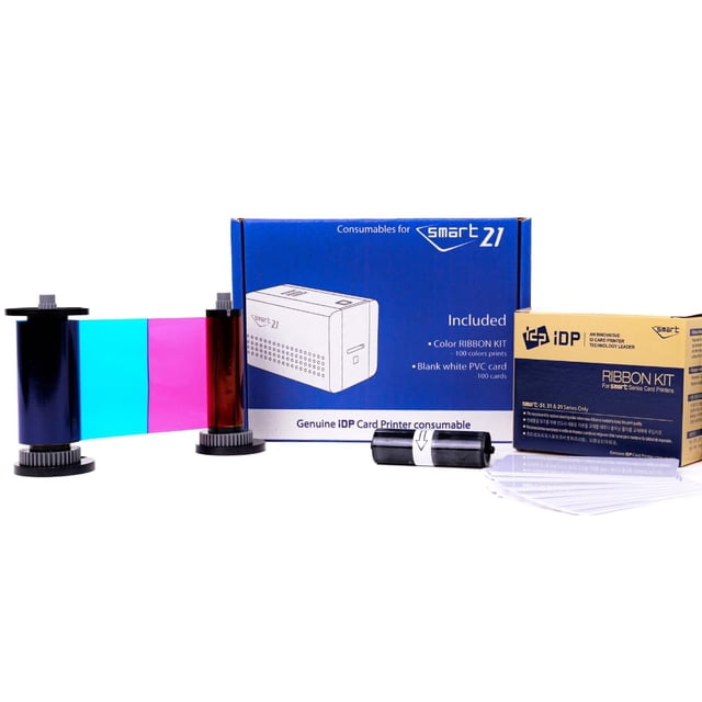 IDP Genuine SMART-21 YMCKO Consumables Kit with 1ea Color 100-Print Ink Ribbon, 100 Primus PVC Cards, and Cleaning Roller (not Compatible with IDP So