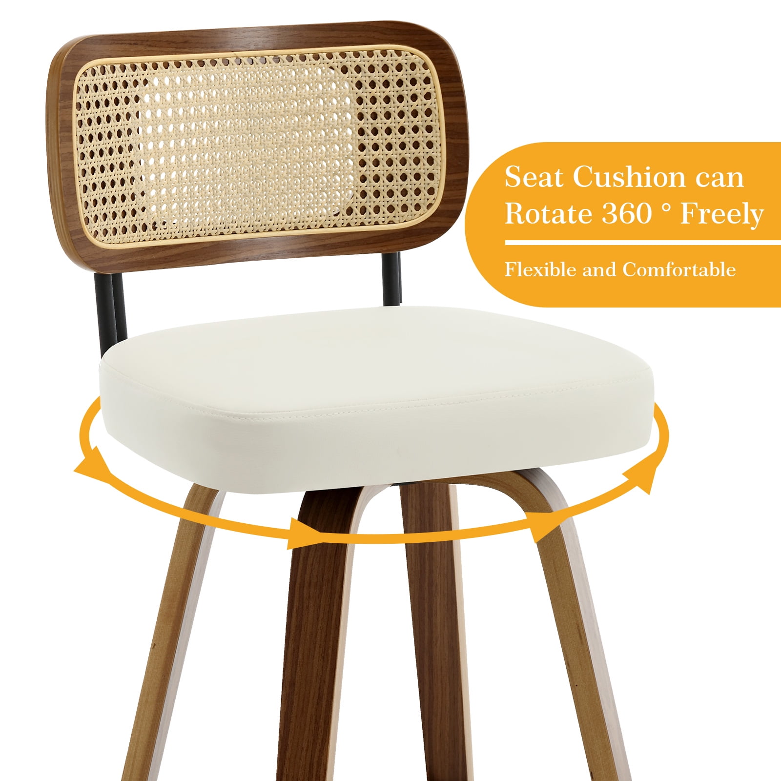 ANMINY Swivel Counter Height Bar Stools, Set of 2, Upholstered Faux Leather Barstools with Rattan Back, 29" Seat Height Bar Chairs for Kitchen Island, Bentwood Wood Frame