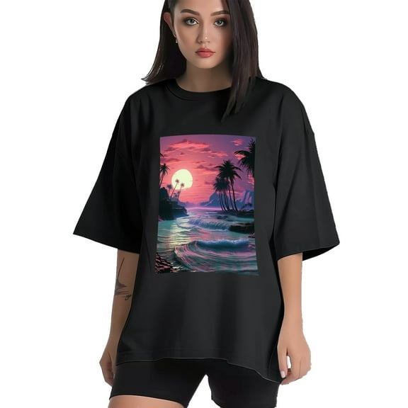 Plus Size Shirt for Women Black Tops for Women Short Sleeves Shirt for Women Vintage Landscape T Shirt Crewneck Shirt for Women XS